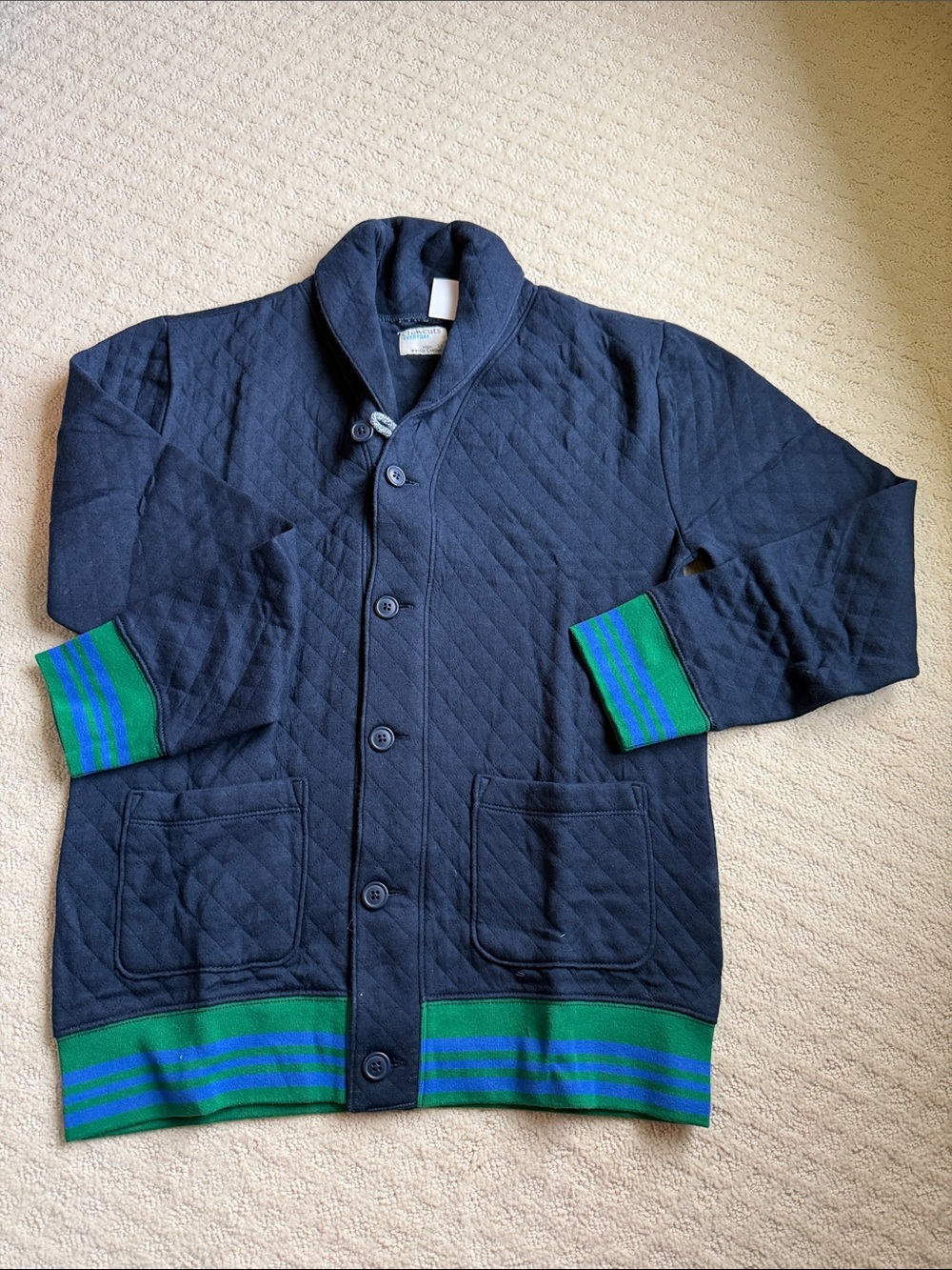 J. Crew Navy Quilted Shawl-Collar Jacket with Green & Blue Stripe Trim - Boys 16